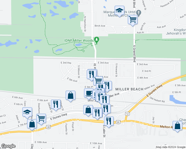 map of restaurants, bars, coffee shops, grocery stores, and more near 392 South Lake Street in Gary