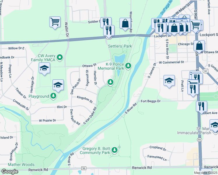 map of restaurants, bars, coffee shops, grocery stores, and more near 24401 Lockport Street in Plainfield