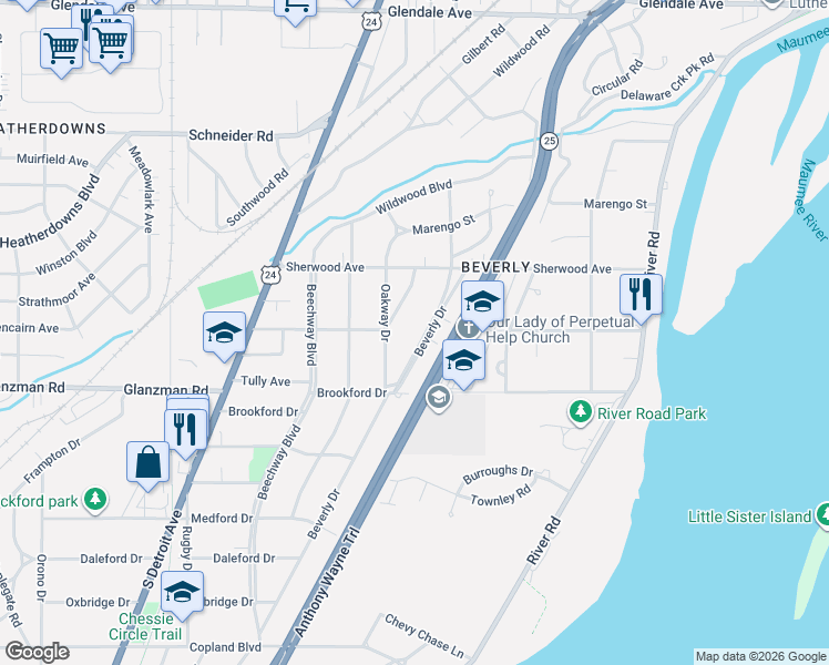 map of restaurants, bars, coffee shops, grocery stores, and more near 3507 Oakway Drive in Toledo