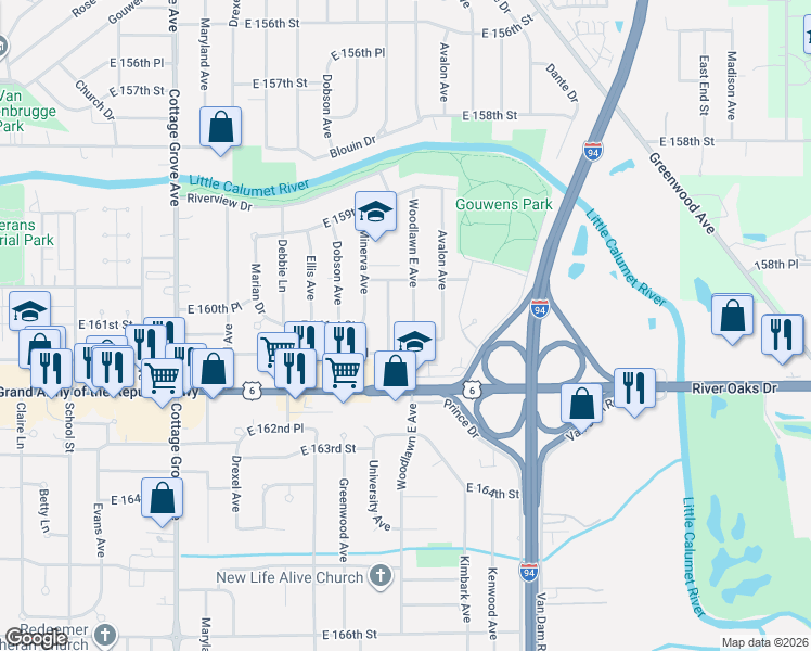 map of restaurants, bars, coffee shops, grocery stores, and more near 1162 East 161st Place in South Holland