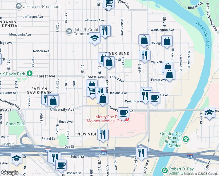 map of restaurants, bars, coffee shops, grocery stores, and more near 1305 6th Avenue in Des Moines