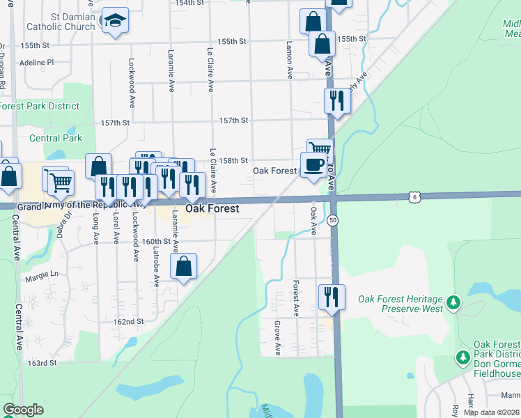 map of restaurants, bars, coffee shops, grocery stores, and more near 4959 159th Street in Oak Forest