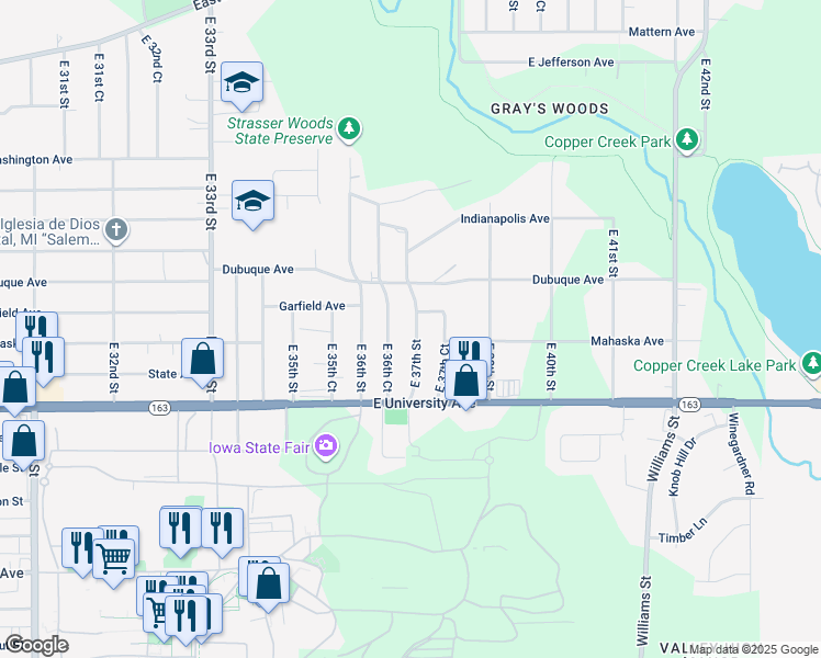 map of restaurants, bars, coffee shops, grocery stores, and more near 1262 East 37th Street in Des Moines