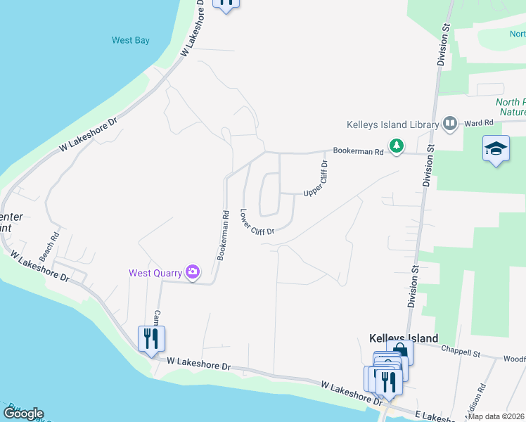 map of restaurants, bars, coffee shops, grocery stores, and more near 202 The Loop in Kelleys Island