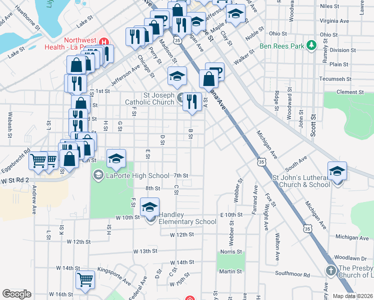 map of restaurants, bars, coffee shops, grocery stores, and more near 202 5th Street in La Porte