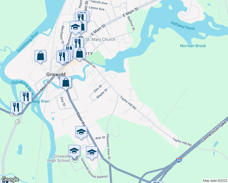 map of restaurants, bars, coffee shops, grocery stores, and more near 171 Ashland Street in Griswold