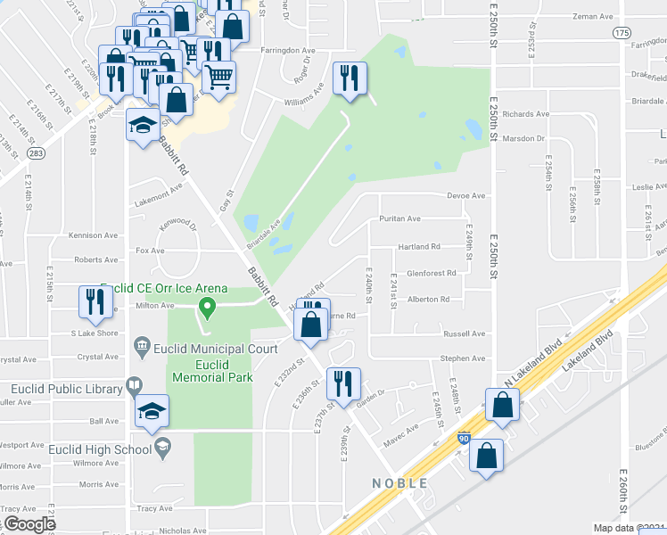map of restaurants, bars, coffee shops, grocery stores, and more near 23701 Hartland Road in Euclid