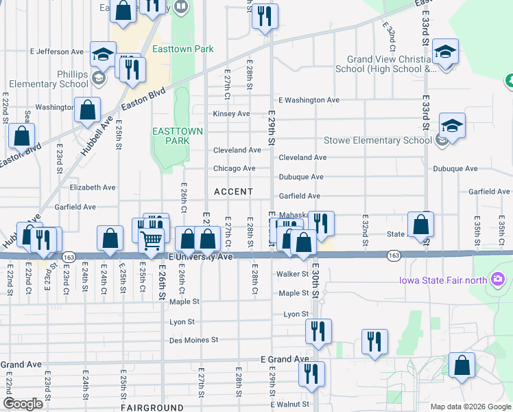 map of restaurants, bars, coffee shops, grocery stores, and more near 1246 East 28th Street in Des Moines