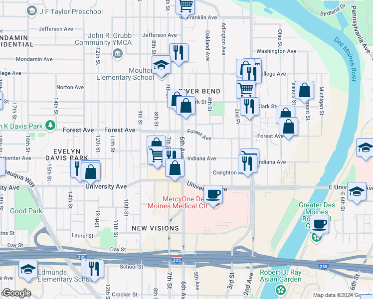 map of restaurants, bars, coffee shops, grocery stores, and more near 1305 6th Avenue in Des Moines