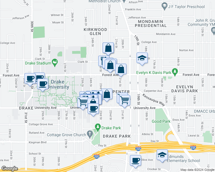 map of restaurants, bars, coffee shops, grocery stores, and more near 1325 22nd Street in Des Moines