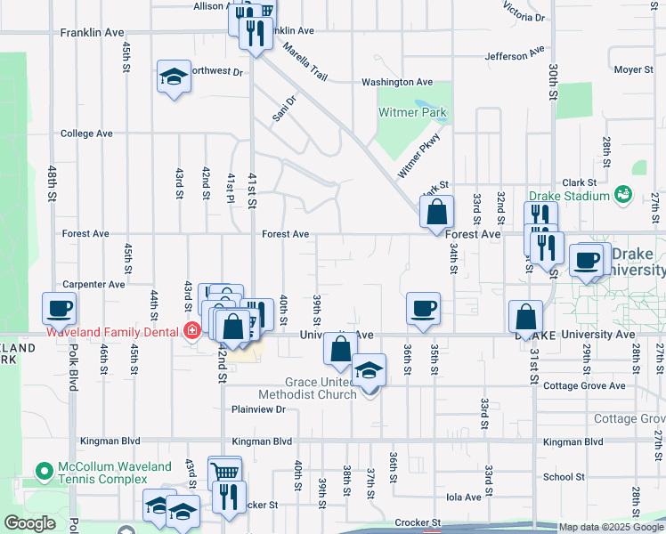 map of restaurants, bars, coffee shops, grocery stores, and more near 3817 Carpenter Avenue in Des Moines