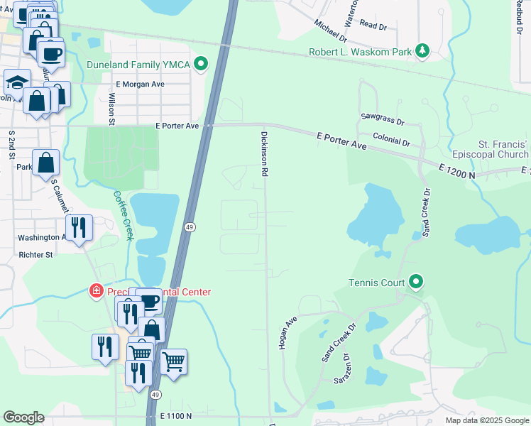 map of restaurants, bars, coffee shops, grocery stores, and more near 800 Dickinson Road in Chesterton