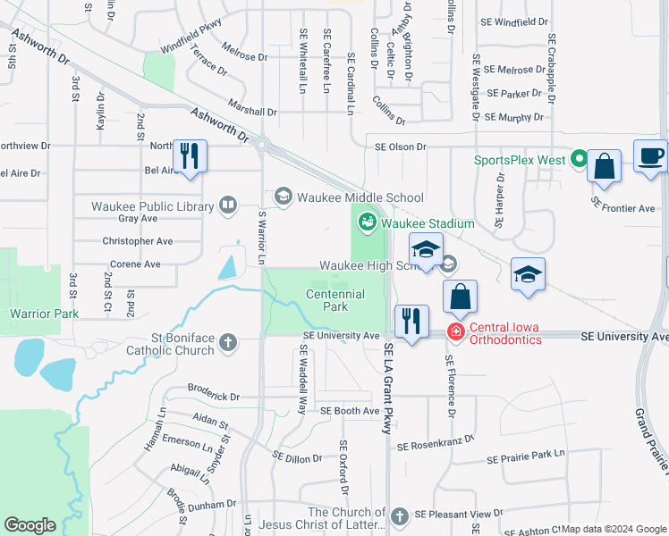 map of restaurants, bars, coffee shops, grocery stores, and more near Park Road in Waukee