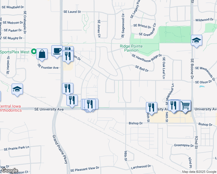 map of restaurants, bars, coffee shops, grocery stores, and more near 985 Southeast Bluegrass Circle in Waukee