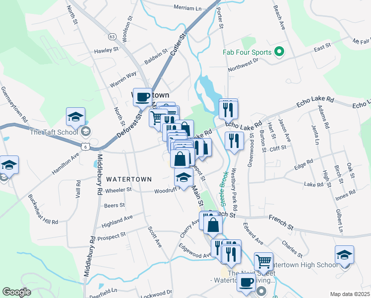 map of restaurants, bars, coffee shops, grocery stores, and more near 30 Echo Lake Road in Watertown