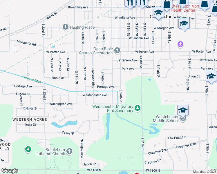 map of restaurants, bars, coffee shops, grocery stores, and more near 1511 Portage Avenue in Chesterton
