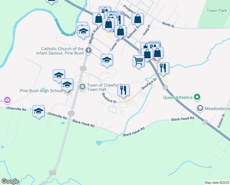 map of restaurants, bars, coffee shops, grocery stores, and more near 100 Boniface Drive in Pine Bush