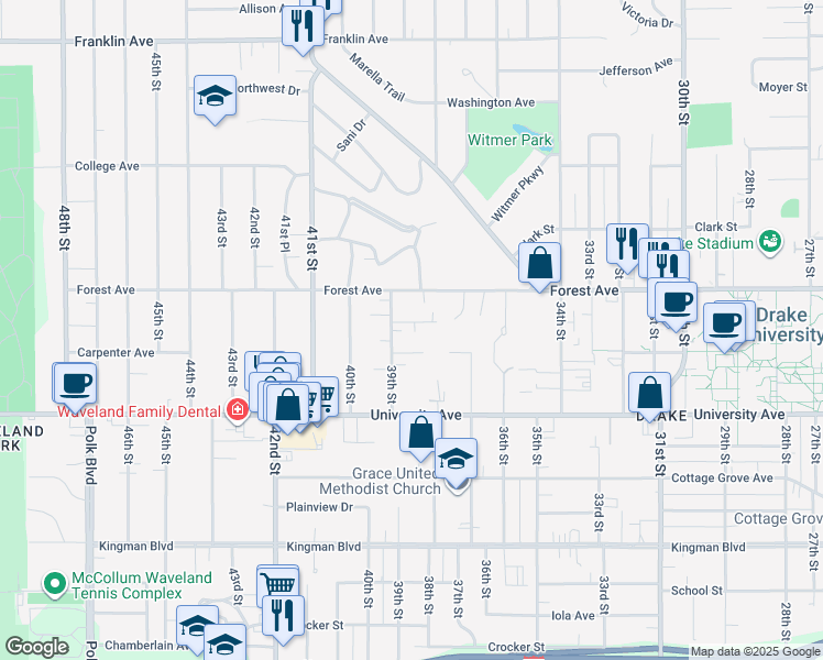 map of restaurants, bars, coffee shops, grocery stores, and more near 3817 Carpenter Avenue in Des Moines