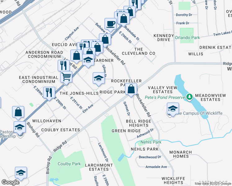 map of restaurants, bars, coffee shops, grocery stores, and more near 89 Arlington Circle in Wickliffe