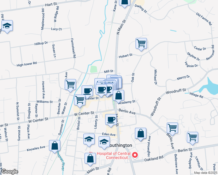 map of restaurants, bars, coffee shops, grocery stores, and more near 36 Main Street in Southington