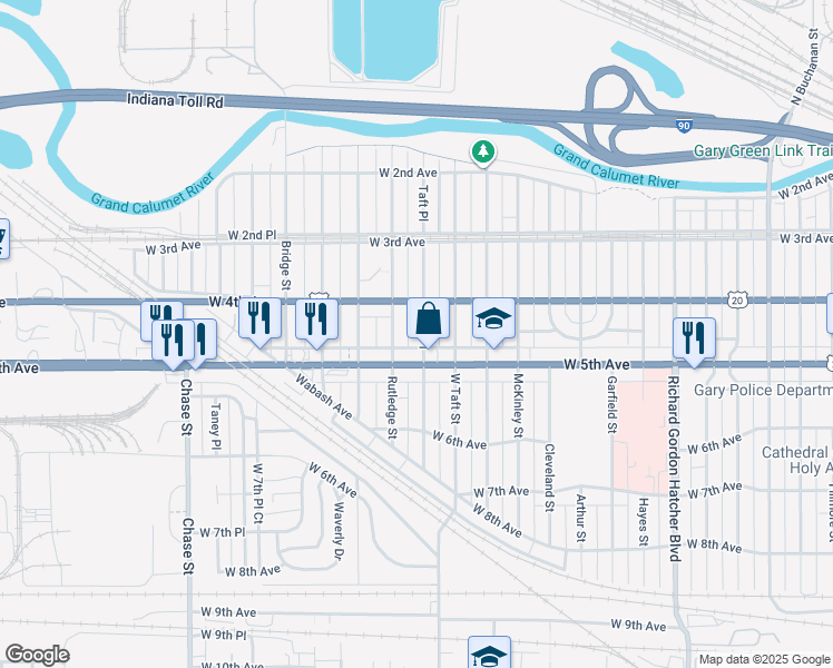 map of restaurants, bars, coffee shops, grocery stores, and more near 442 Taft Place in Gary