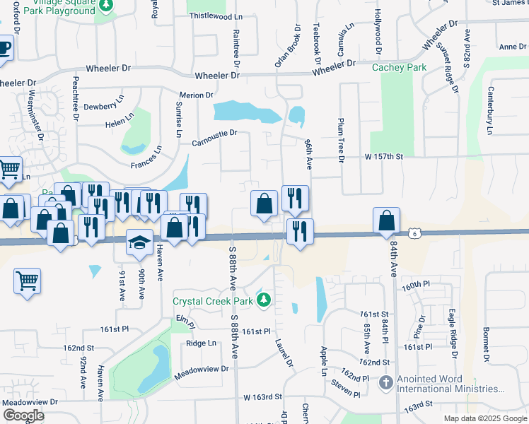 map of restaurants, bars, coffee shops, grocery stores, and more near 15828 Orlan Brook Drive in Orland Park
