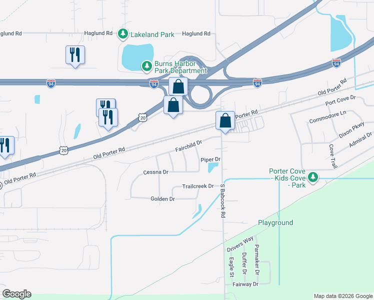 map of restaurants, bars, coffee shops, grocery stores, and more near 1162 Skylark Drive in Burns Harbor
