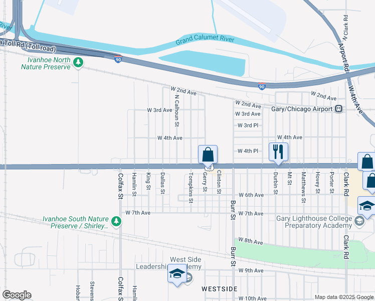 map of restaurants, bars, coffee shops, grocery stores, and more near 434 Tompkins Street in Gary