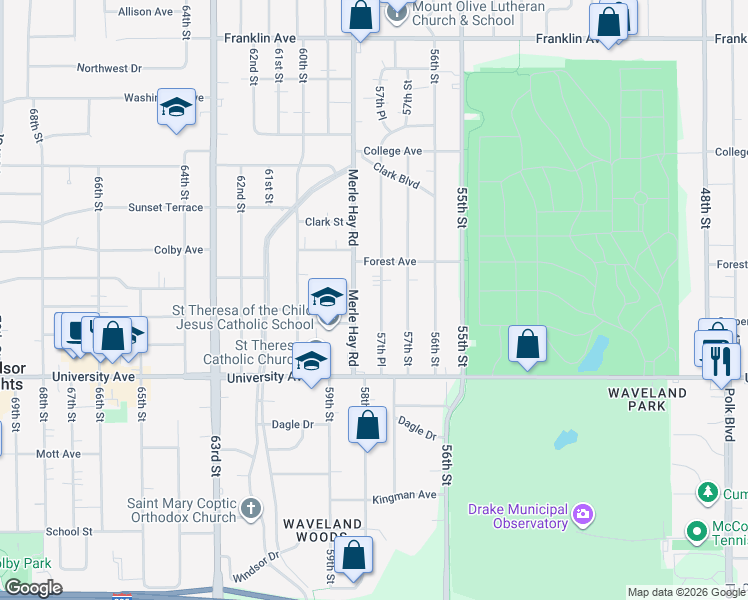 map of restaurants, bars, coffee shops, grocery stores, and more near 1305 Merle Hay Road in Des Moines