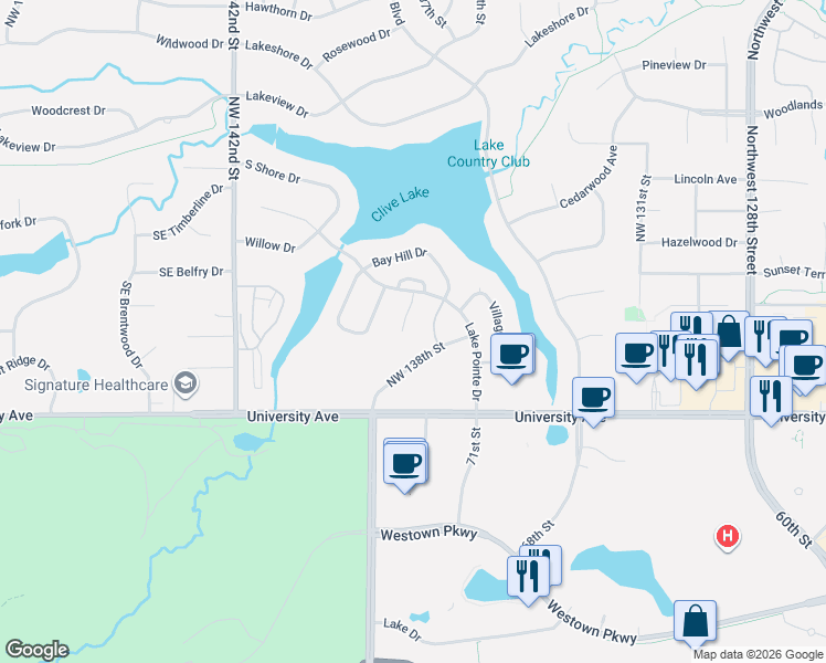 map of restaurants, bars, coffee shops, grocery stores, and more near 1393 Northwest 137th Court in Clive