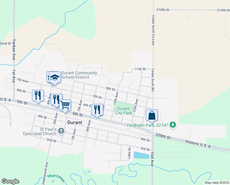map of restaurants, bars, coffee shops, grocery stores, and more near 751-799 10th Ave in Durant