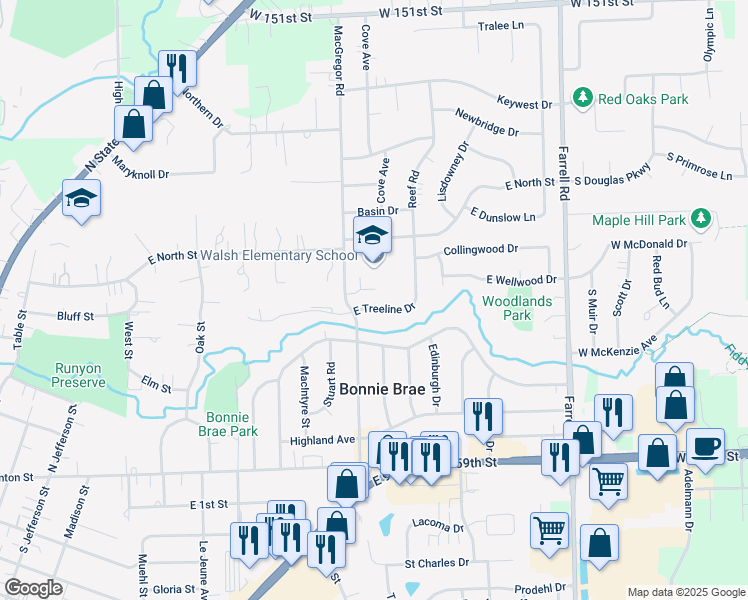 map of restaurants, bars, coffee shops, grocery stores, and more near 1108 East Treeline Drive in Lockport