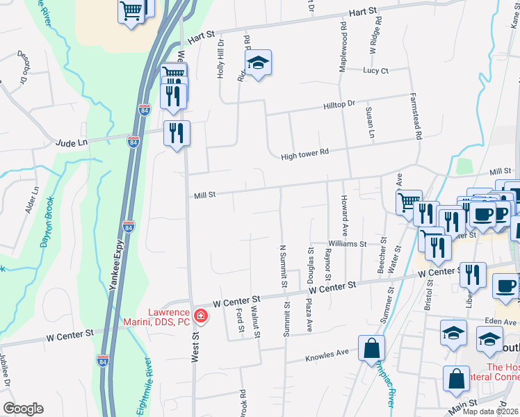 map of restaurants, bars, coffee shops, grocery stores, and more near 29 John Street in Southington