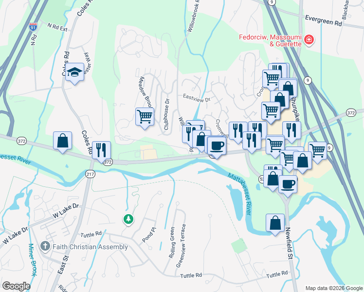 map of restaurants, bars, coffee shops, grocery stores, and more near 50 Berlin Road in Cromwell
