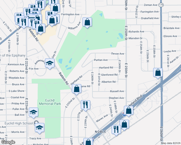 map of restaurants, bars, coffee shops, grocery stores, and more near 23840 Hartland Road in Euclid
