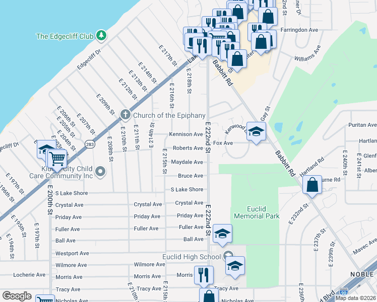 map of restaurants, bars, coffee shops, grocery stores, and more near 22001 Maydale Avenue in Euclid