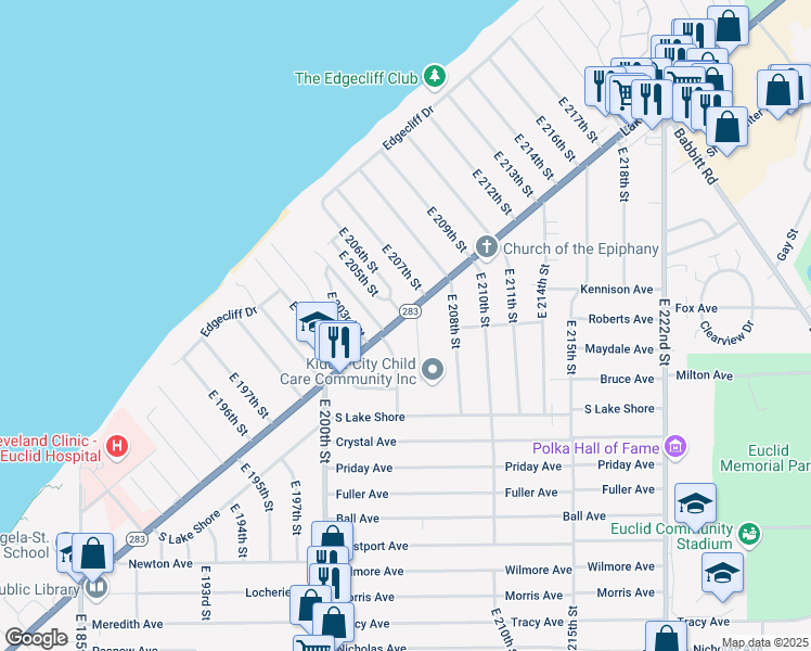 map of restaurants, bars, coffee shops, grocery stores, and more near 236 East 206th Street in Euclid