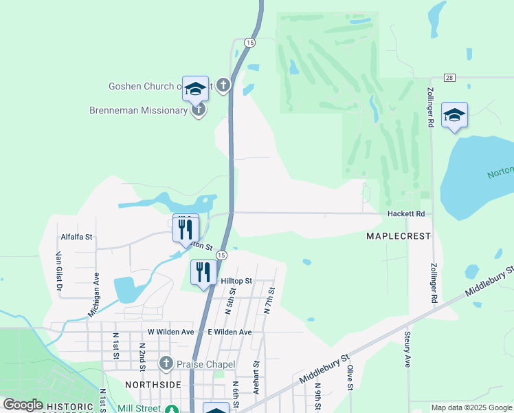 map of restaurants, bars, coffee shops, grocery stores, and more near 118 Hackett Road in Goshen