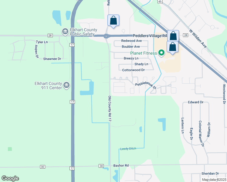 map of restaurants, bars, coffee shops, grocery stores, and more near 61328-61478 Old County Road 17 in Goshen