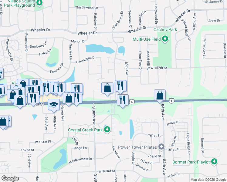 map of restaurants, bars, coffee shops, grocery stores, and more near 8752 West 159th Street in Orland Park