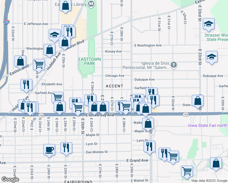 map of restaurants, bars, coffee shops, grocery stores, and more near 2720 State Avenue in Des Moines
