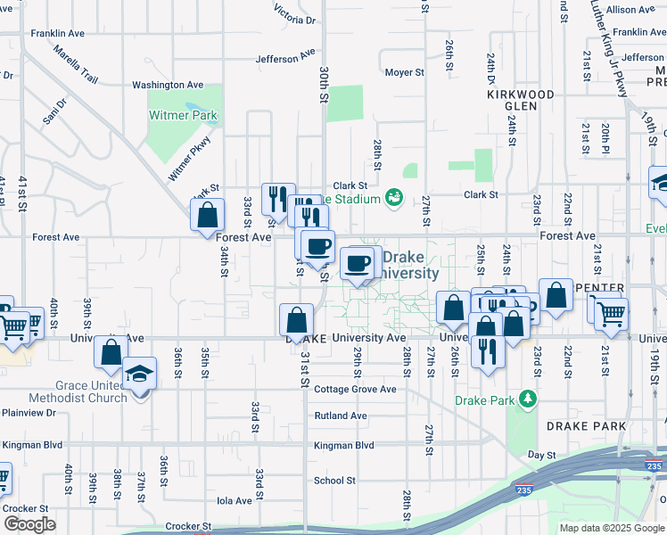 map of restaurants, bars, coffee shops, grocery stores, and more near in Des Moines