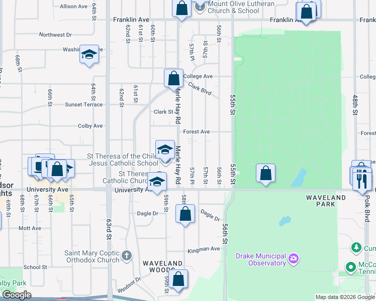 map of restaurants, bars, coffee shops, grocery stores, and more near 1305 Merle Hay Road in Des Moines