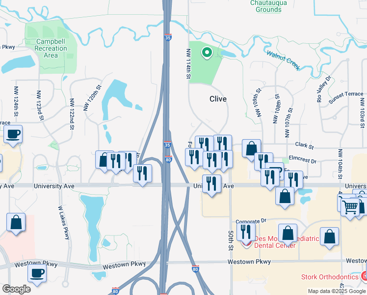map of restaurants, bars, coffee shops, grocery stores, and more near 11428 Forest Avenue in Clive