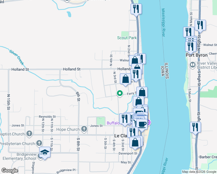 map of restaurants, bars, coffee shops, grocery stores, and more near 520 North 3rd Street in Le Claire