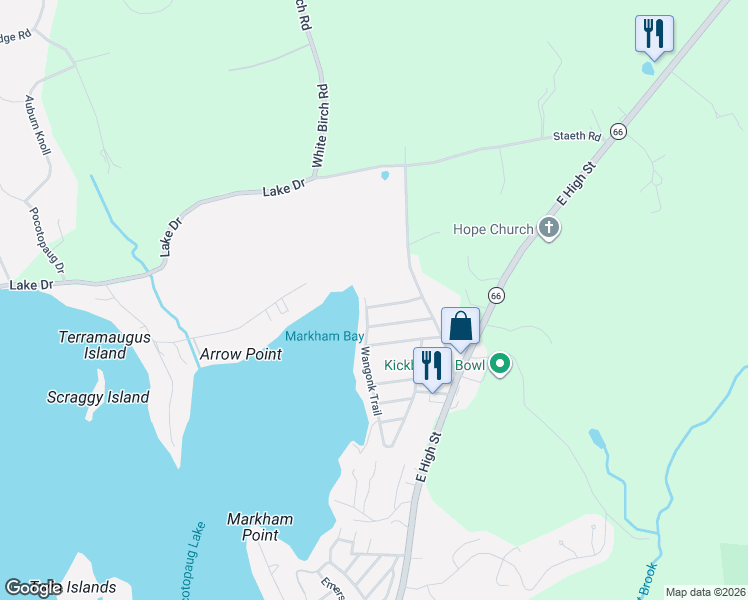 map of restaurants, bars, coffee shops, grocery stores, and more near 63 Wangonk Trail in East Hampton