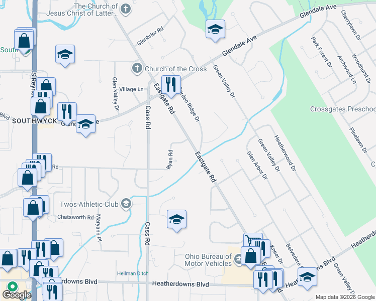 map of restaurants, bars, coffee shops, grocery stores, and more near 4735 Ryan Road in Toledo