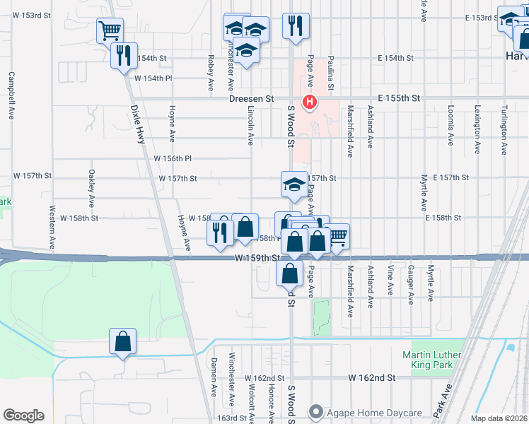 map of restaurants, bars, coffee shops, grocery stores, and more near 15805 Lincoln Avenue in Harvey