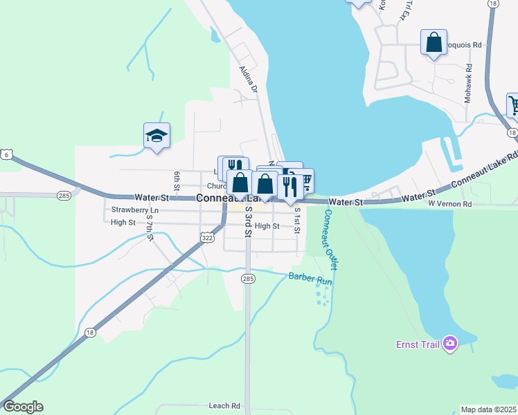 map of restaurants, bars, coffee shops, grocery stores, and more near 100 South 3rd Street in Conneaut Lake
