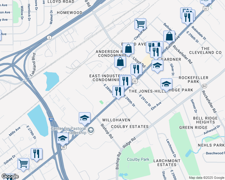 map of restaurants, bars, coffee shops, grocery stores, and more near 28949 Euclid Avenue in Wickliffe